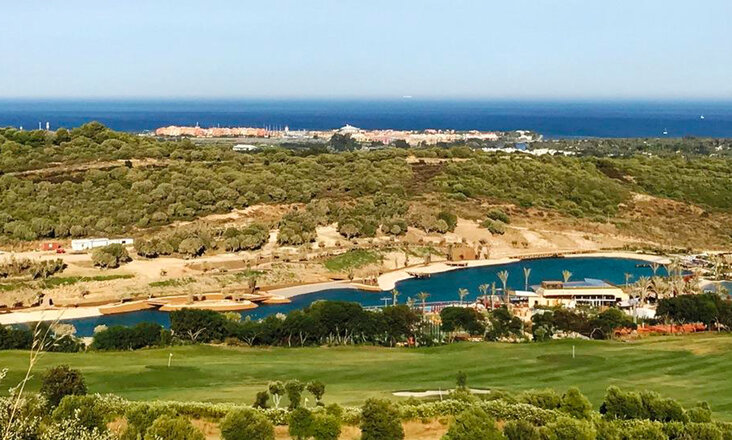 Aerial view of the “Spain Beach Club” in Sotogrande, Spain, with large water area